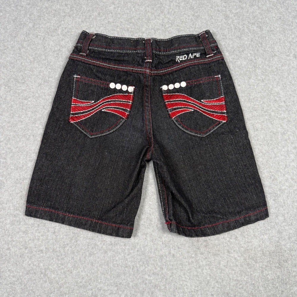 Red Ape Boys Denim Shorts Size 6 Dark Wash Red Contrast Stitch Embroidered Y2K
